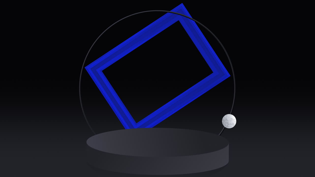 Geometrisk 3D-animation med roterende blå ramme og hvid kugle