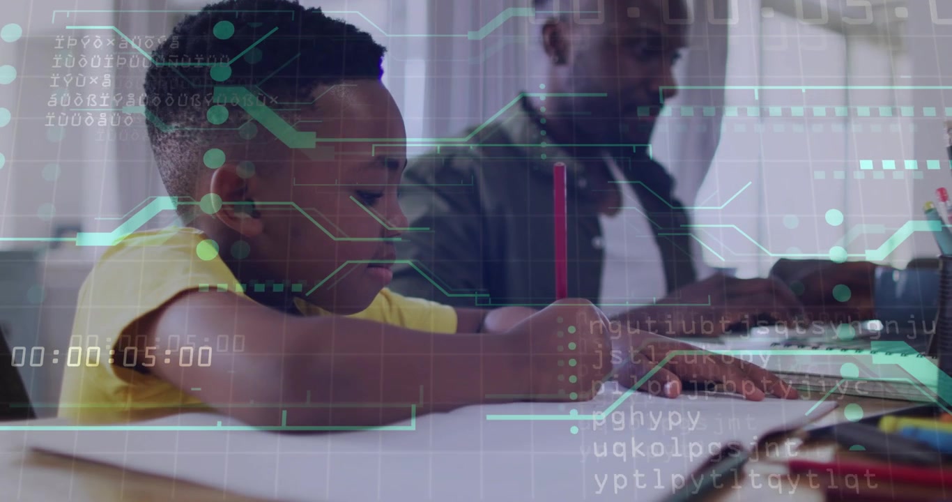 Vertical video: Writing boy in yellow tee doing work at home as HUD starts with red pencil, laptop