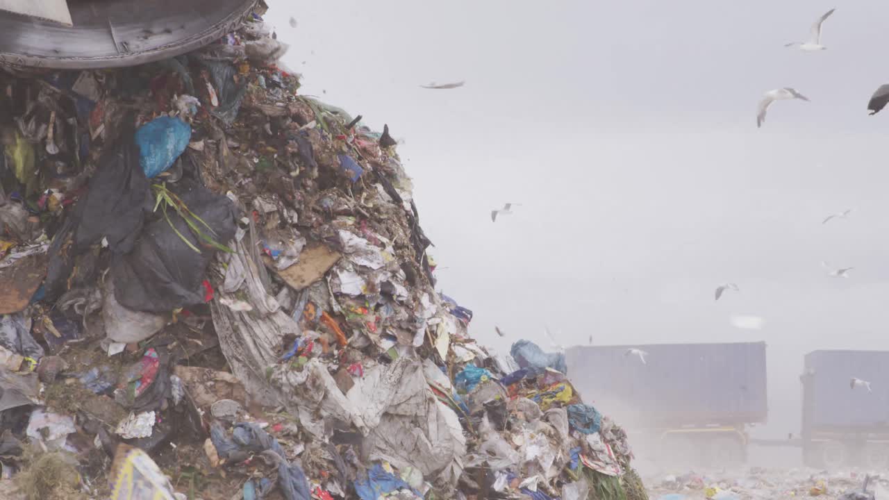 vehículos que limpian la basura apilada en un vertedero lleno de basura