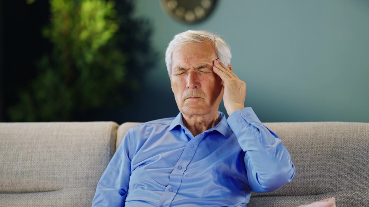 Senior Man Suffering From Headache Sitting on Sofa