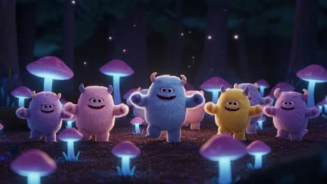 a cheerful gathering of colorful creatures in a mystical forest, surrounded by glowing mushrooms, bringing joy and playfulness to the enchanted night