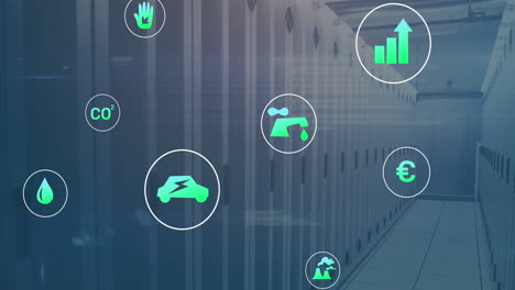 Animation-of-eco-icons-and-data-processing-over-computer-servers