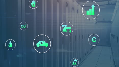 animación de iconos ecológicos y procesamiento de datos a través de servidores informáticos.