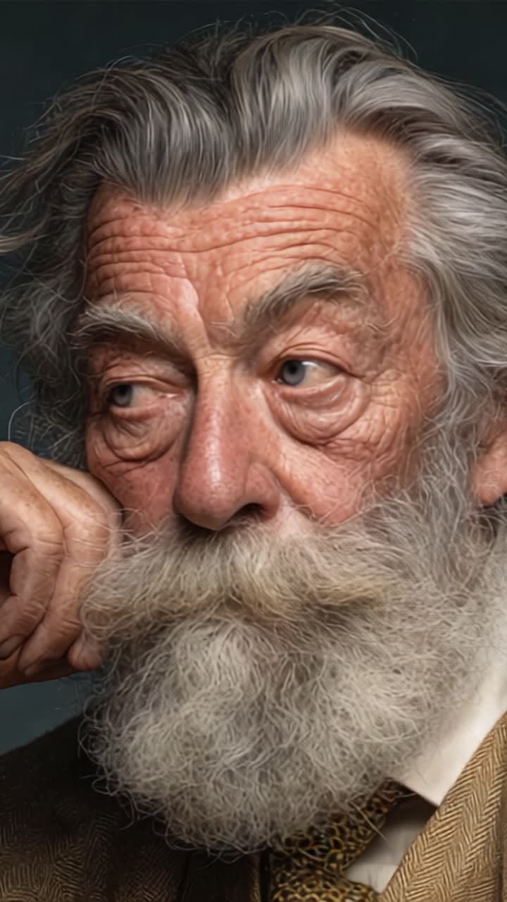 Un anziano pensieroso: catturare la saggezza e l'esperienza di un uomo distinto con barba argentata e intensi occhi blu in un ritratto straordinario
