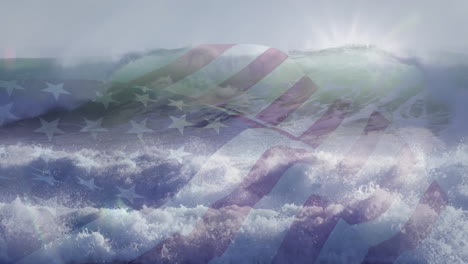 digital composition of waving us flag against waves in the sea