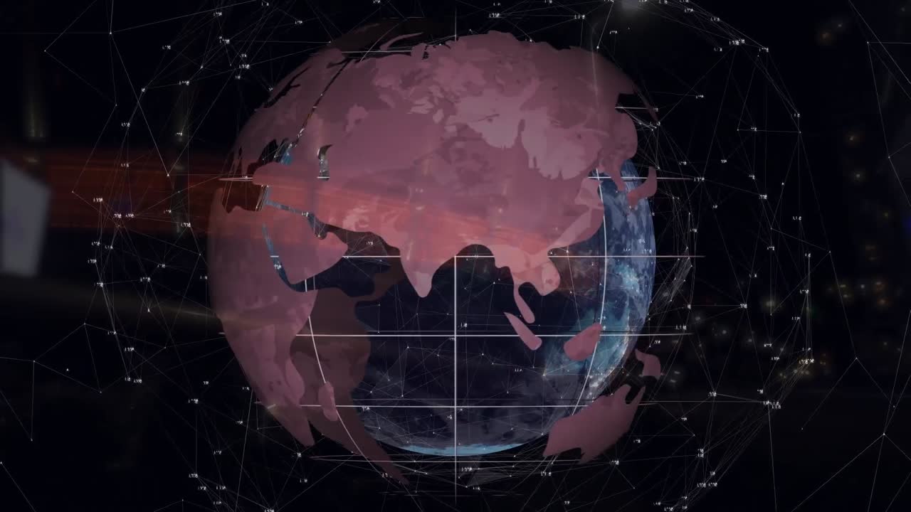 회전하는 지구를 가로지르는 연결 네트워크의 애니메이션