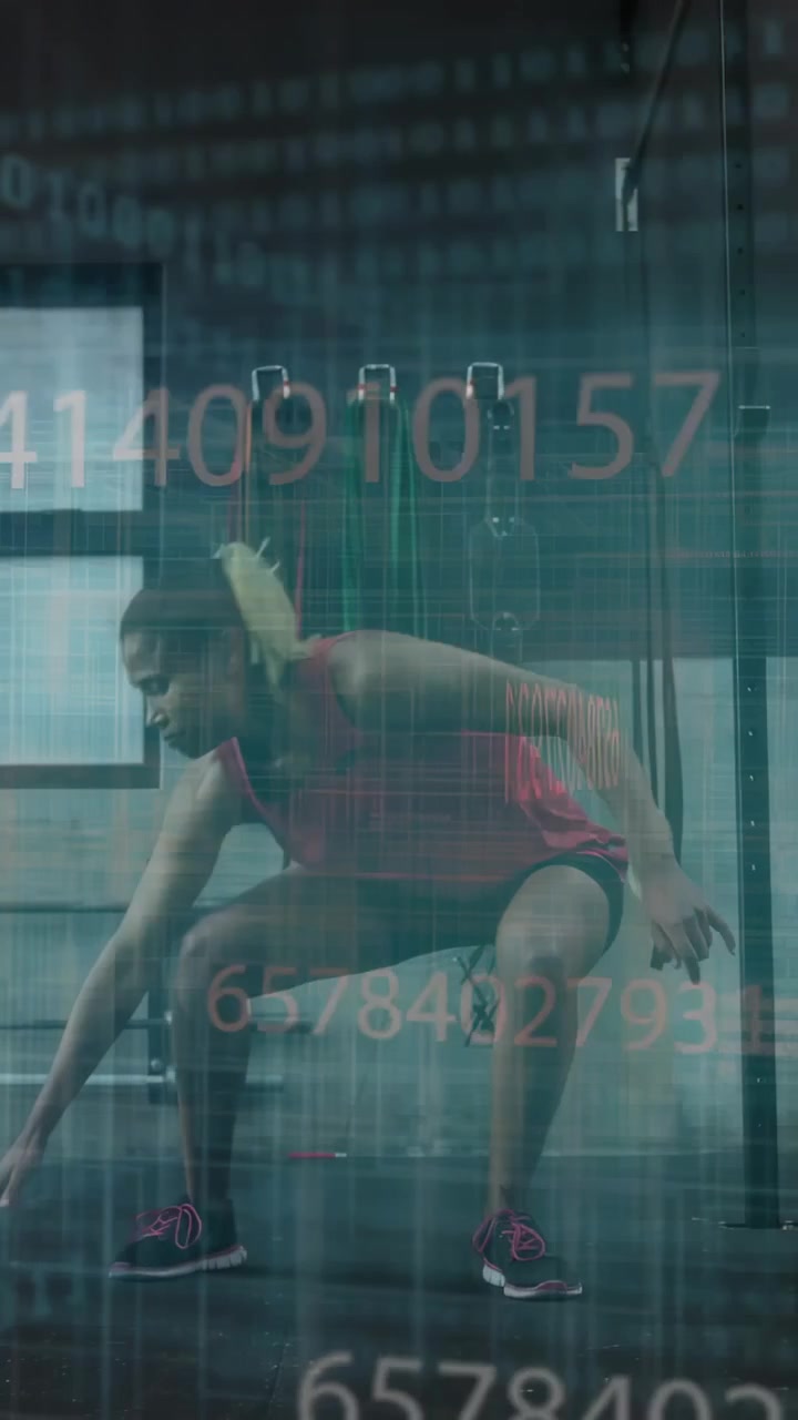 Vertical video: Woman entering, doing squat twist for fitness bands numeric overlay moving over her