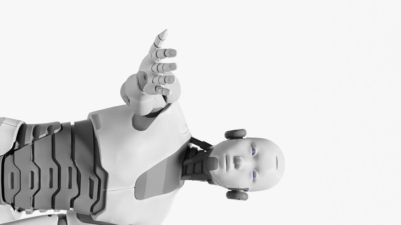 prototipo humanoide de robot cyborg vertical con la mano de la palma abierta mirando hacia el futuro animación de renderización 3d