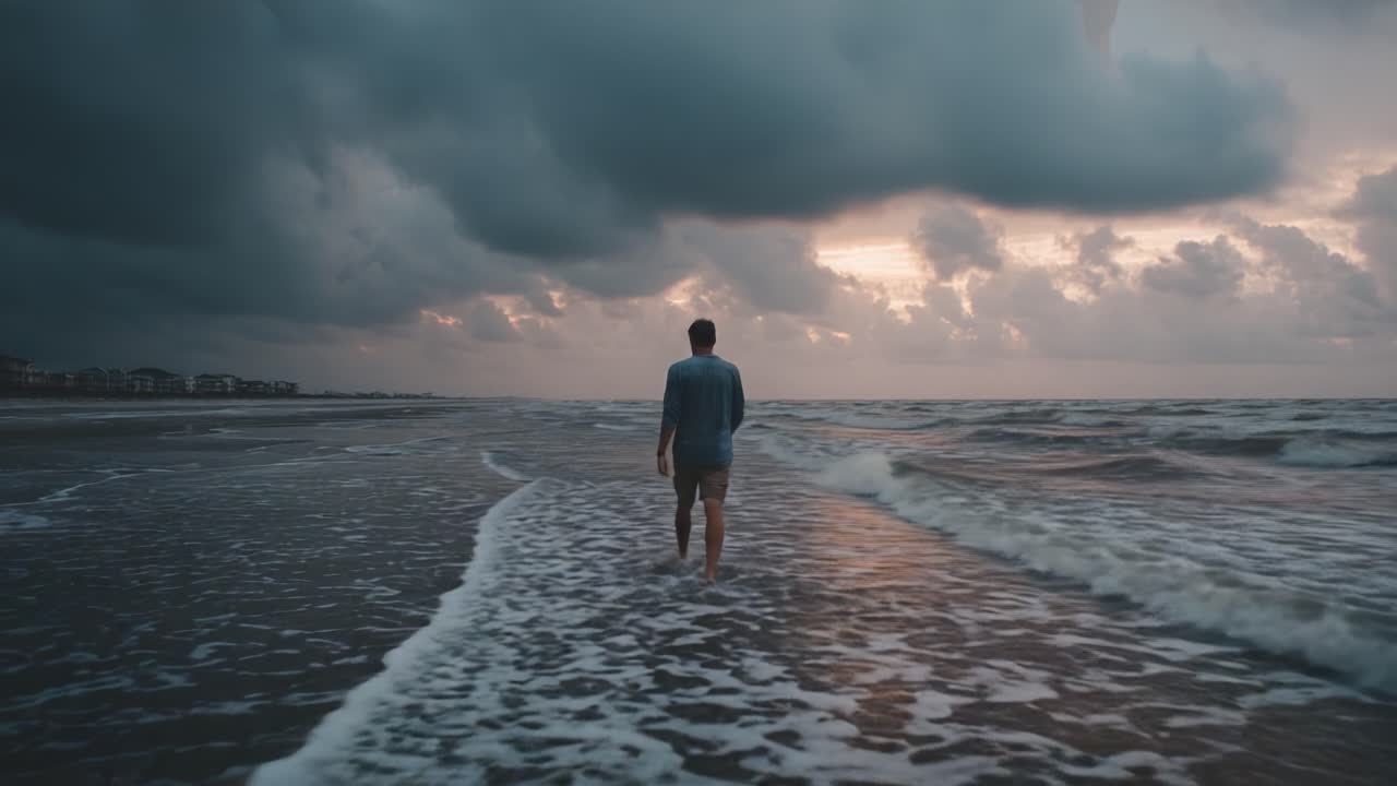 Una figura solitaria cammina lungo una tranquilla battigia sotto cieli drammatici, incarnando pace e riflessione tra le onde che si infrangono e l'orizzonte lontano.