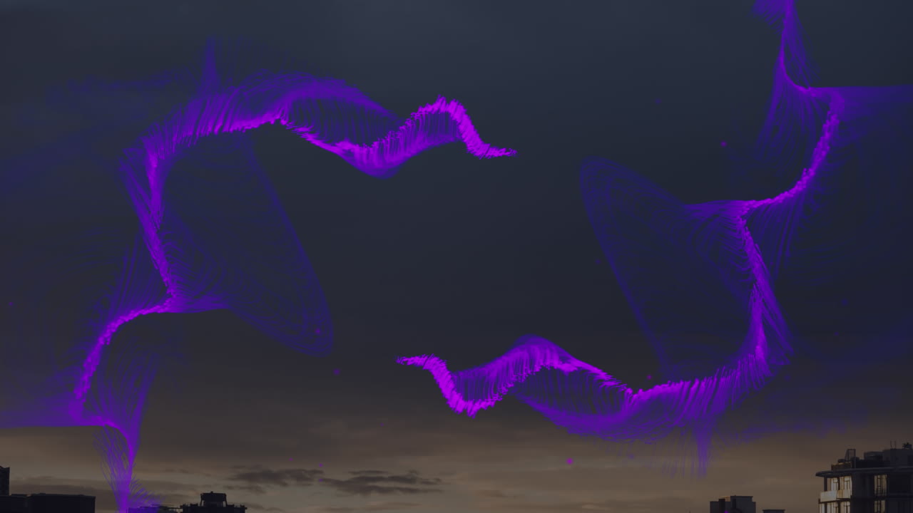 Animation of purple wave over cityscape