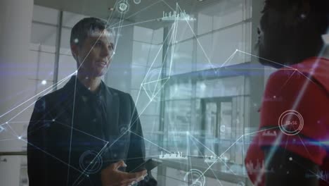 animation of networks of connections with icons over diverse business people