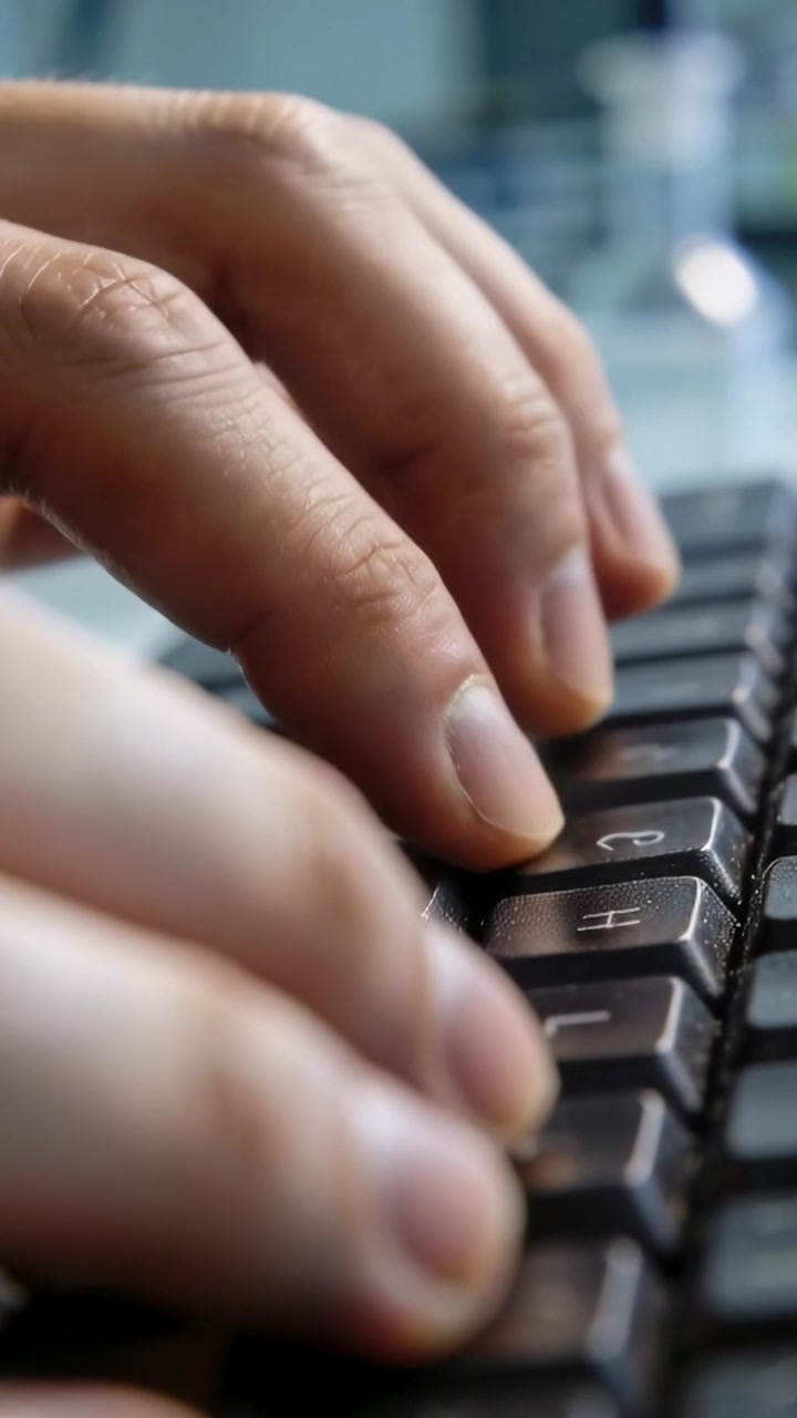 Vertikal video: Hænder taster på et tastatur ved et skrivebord, hvor højre pegefinger udfører hurtige tastetryk.