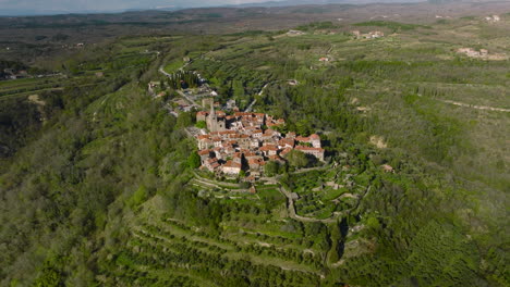 aerial view of old town of groznjan on lush hilltop in istria, croatia