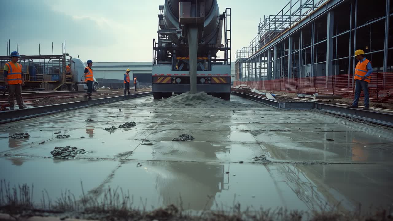 Concrete mixer truck extending chute at construction site, crew pouring and leveling concrete grid
