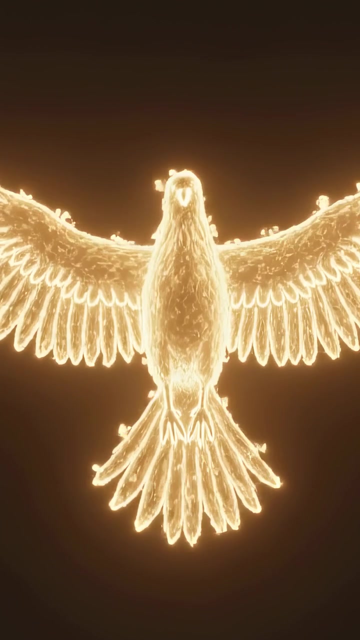 Video verticale: Uccello dorato luminoso e pulsante che sbatte le ali contro un gradiente scuro, lasciando una scia di scintille