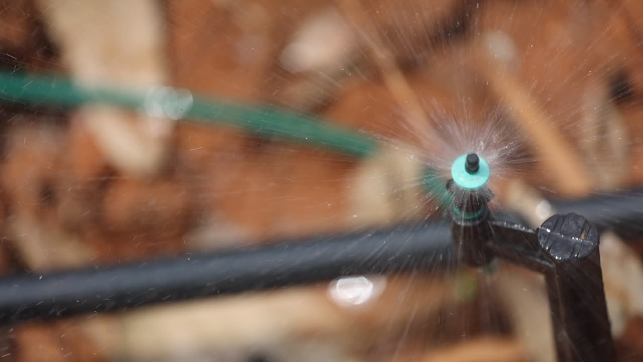 Veduta dall'alto di un irrigatore che spruzza acqua da un tubo.