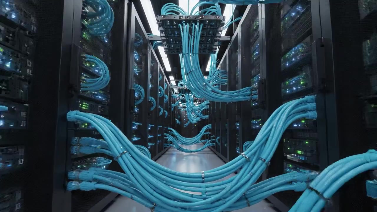 A futuristic data center filled with illuminated servers and flowing blue cables, showcasing advanced technology infrastructure and connectivity in a large-scale environment.