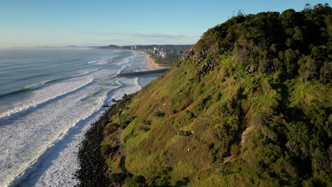 Close-aerial-moving-South-over-Burleigh-Heads,-Gold-Coast,-Australia