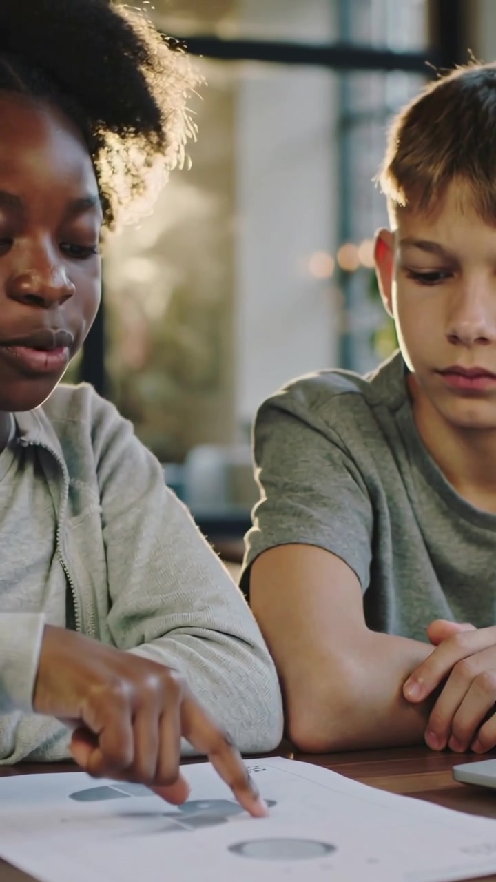 Vertical video: Pointing girl in hoodie after sheet prompt showing circles in class, peer listening