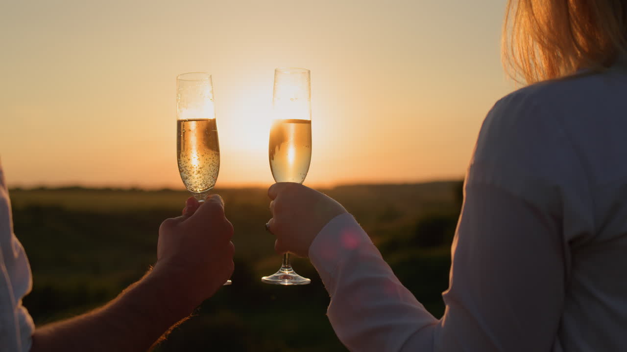 Couple with glasses of red wine watching the sunset over a picturesque valley. 4k video
