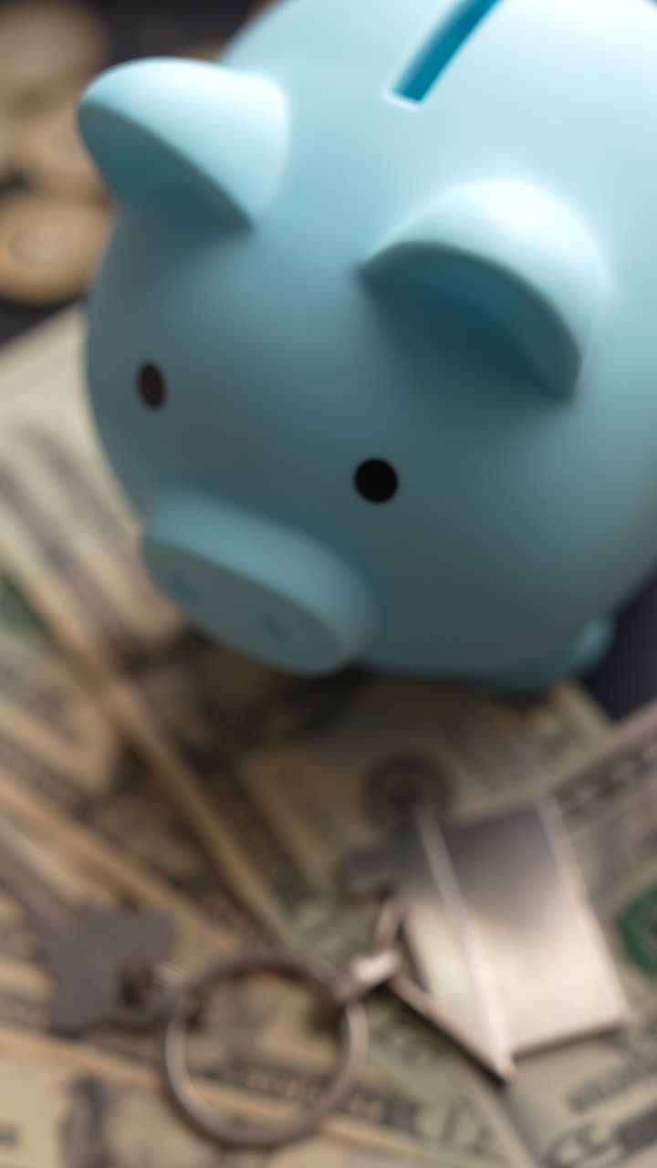 Close-up vertical video of a blue piggy bank atop US dollar bills and house keys. Perfect for saving, finance, and home buying themes. Ideal for mobile and social media use