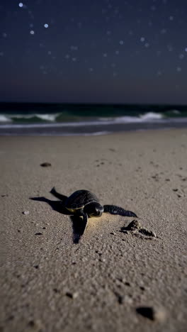 baby sea turtle crawling to the ocean at night