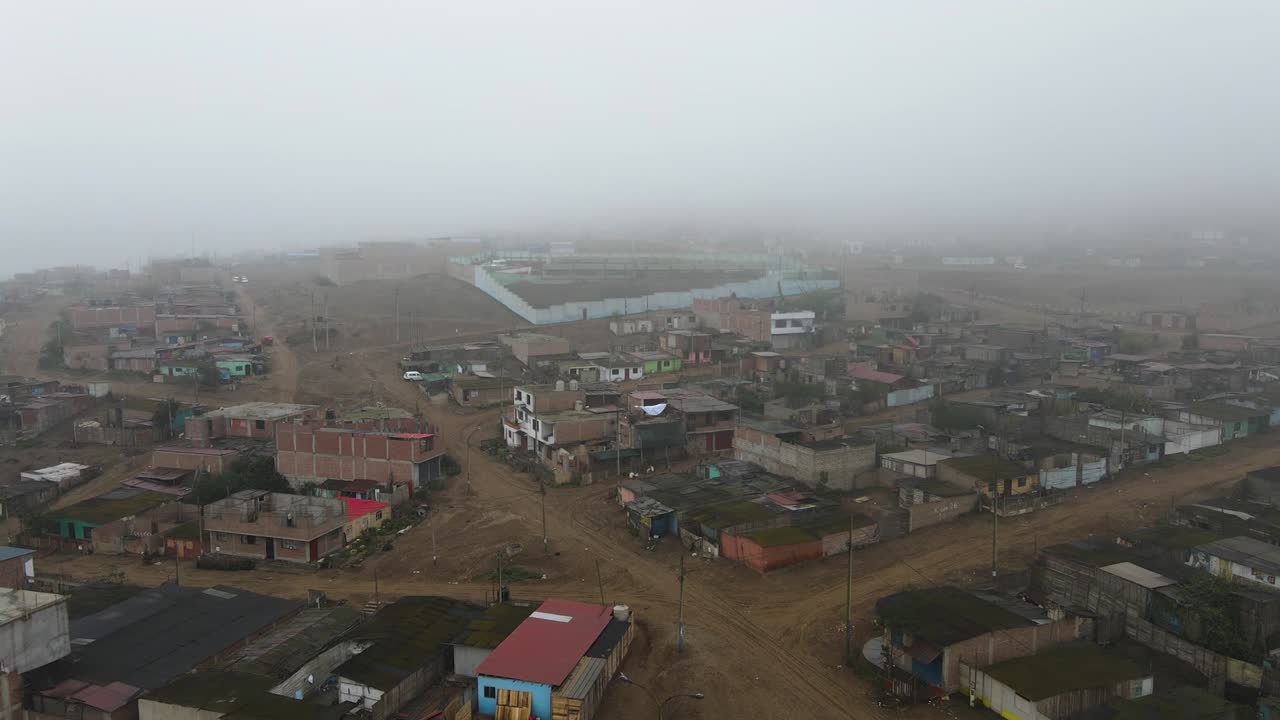 Drone shot of houses in a crowded poor neighborhood in Peru