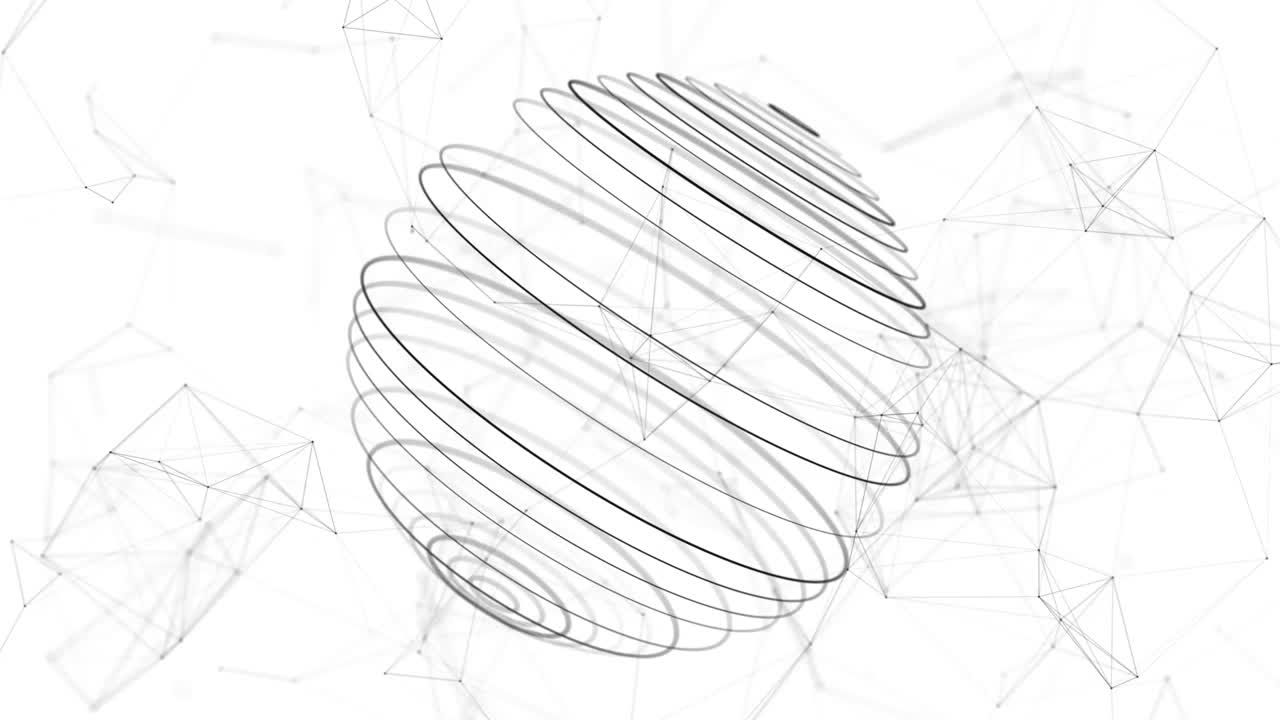 A sphere with a closed flow of points and lines. Network connection structure. Big data visualization. 3d rendering.
