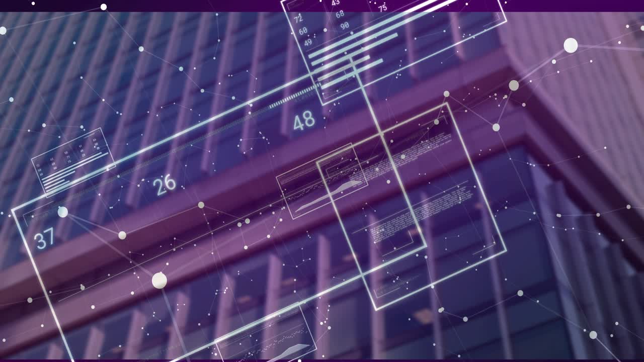 On start layering data panels updating numeric values over purple glass for real-time visualization
