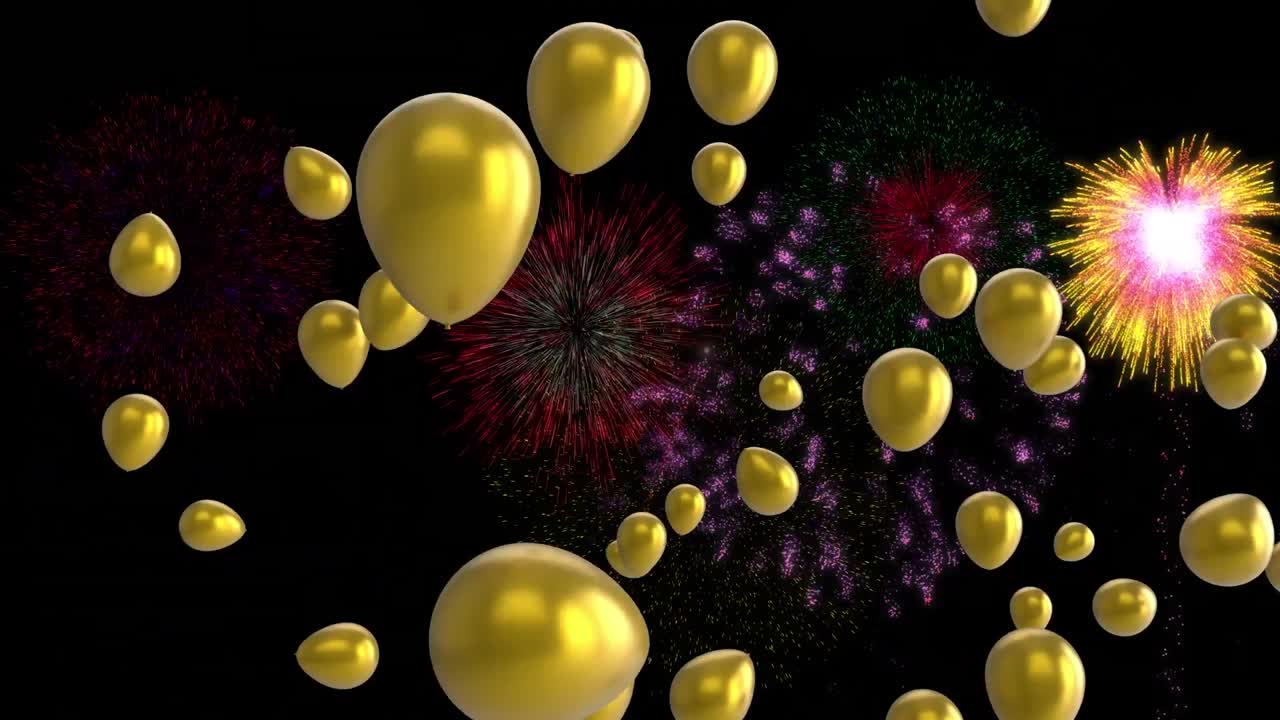 animación de globos de oro con coloridos fuegos artificiales de navidad y año nuevo explotando en el cielo nocturno