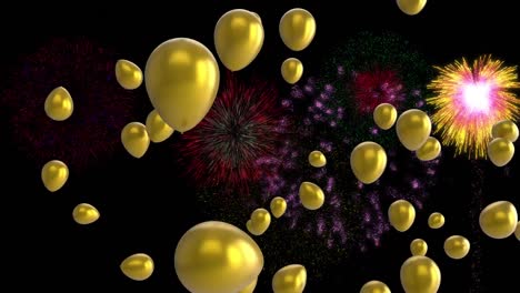 animation of gold balloons with colourful christmas and new year fireworks exploding in night sky