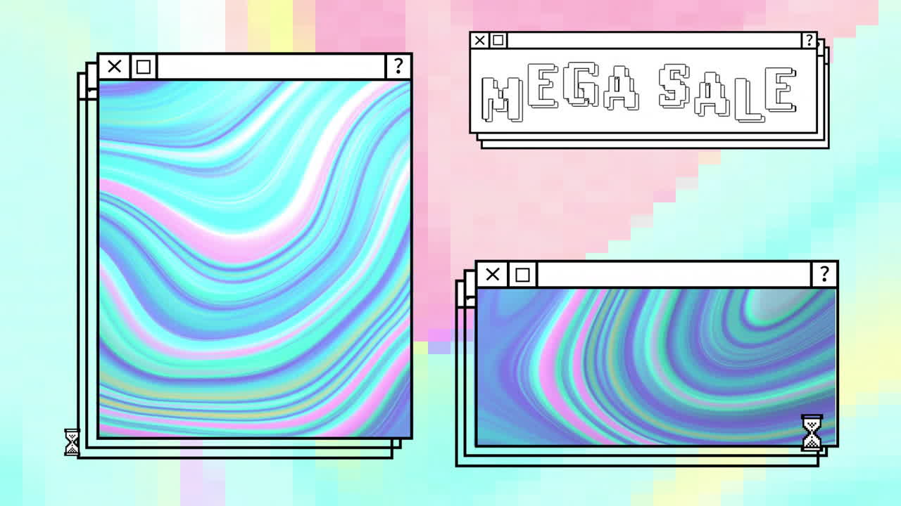 Animation of digital interfaces with mega sale text and colourful shapes on colourful background