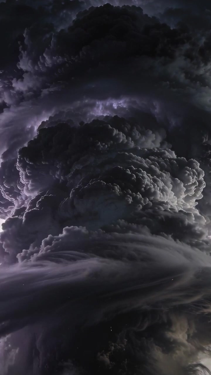 Video verticale: Colonna temporalesca che si forma e si agita nel cielo sotto le correnti ascensionali, con lampi e torri nuvolose