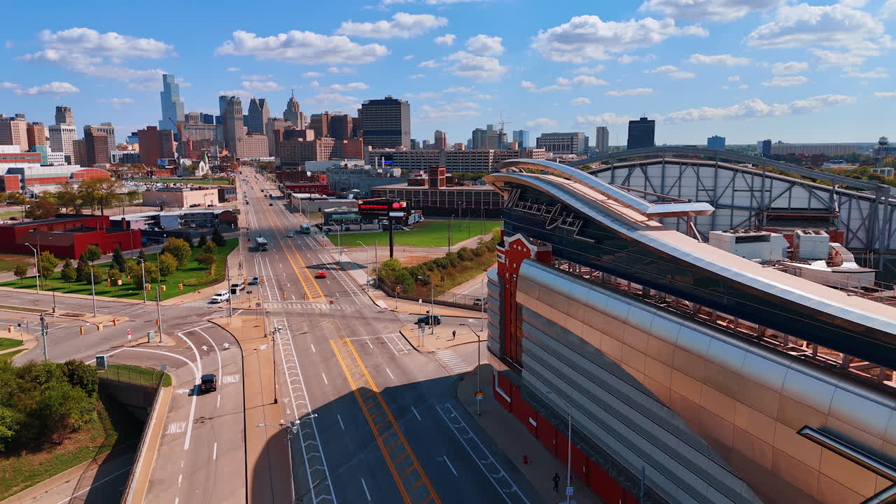 Detroit, USA, 28 July 2025: Moving over the wide highway heading to the downtown of Detroit, Michigan, USA. Flight along Motor City Casino