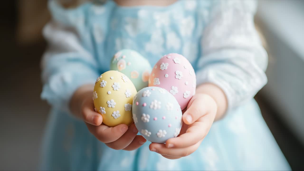 Child holding decorated Easter eggs