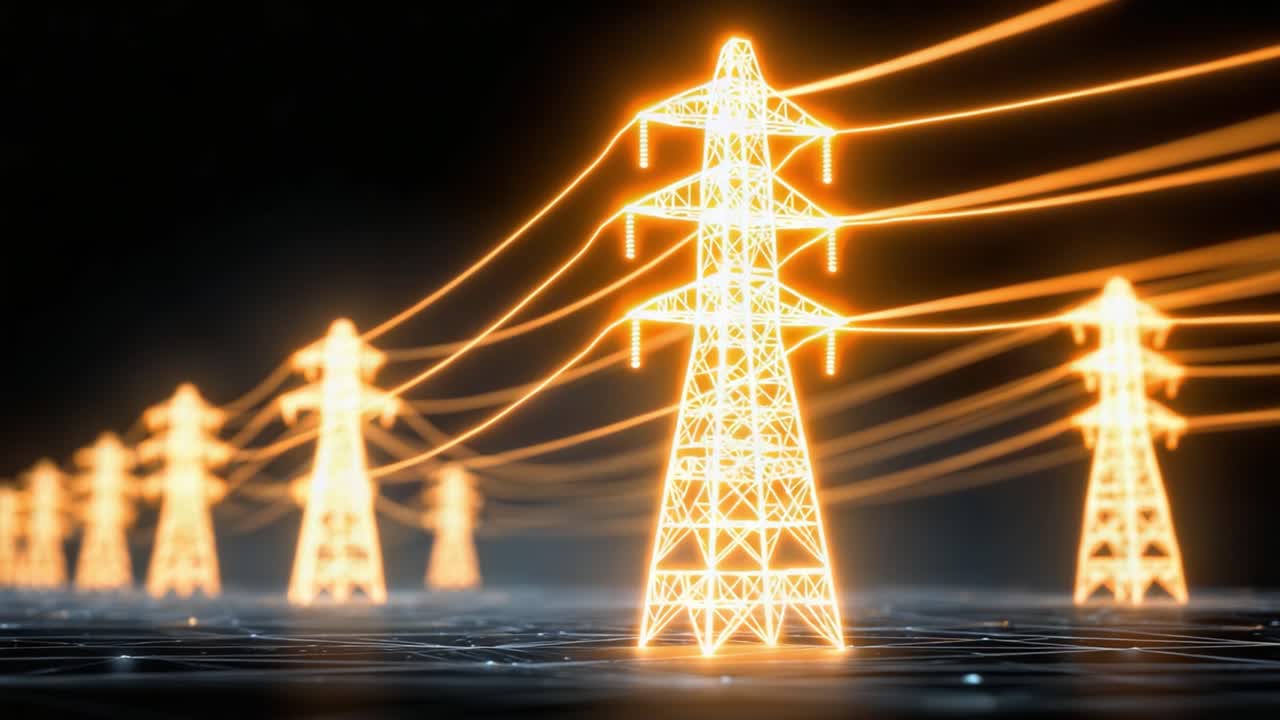 A captivating visual representation of power transmission towers illuminated against a dark backdrop, showcasing their intricate designs and energy flow through glowing power lines