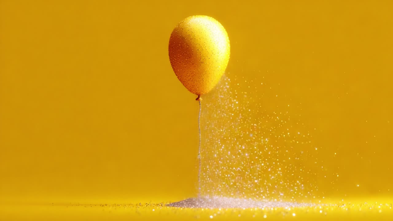 A vibrant close-up of a bright yellow balloon slowly deflating against a bold yellow background, surrounded by glittering sparkles that enhance the playful atmosphere