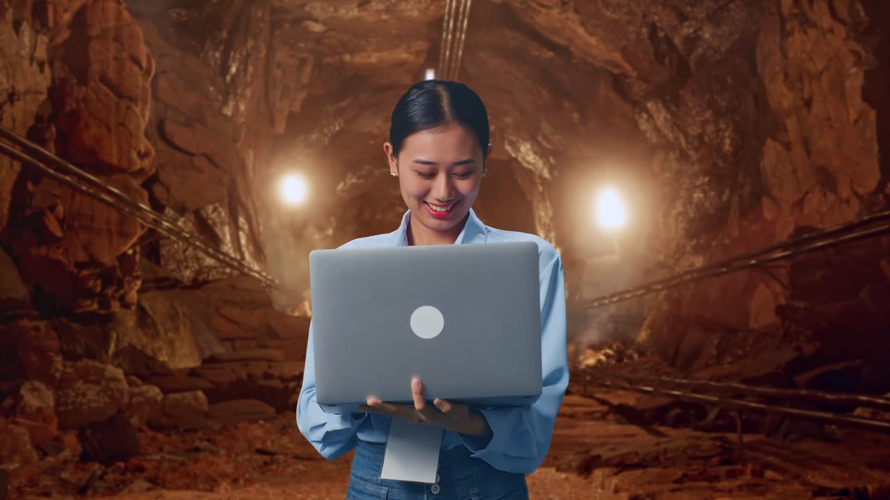 Asian Female With Her Laptop In Underground Mine Tunnel, Work Continuously