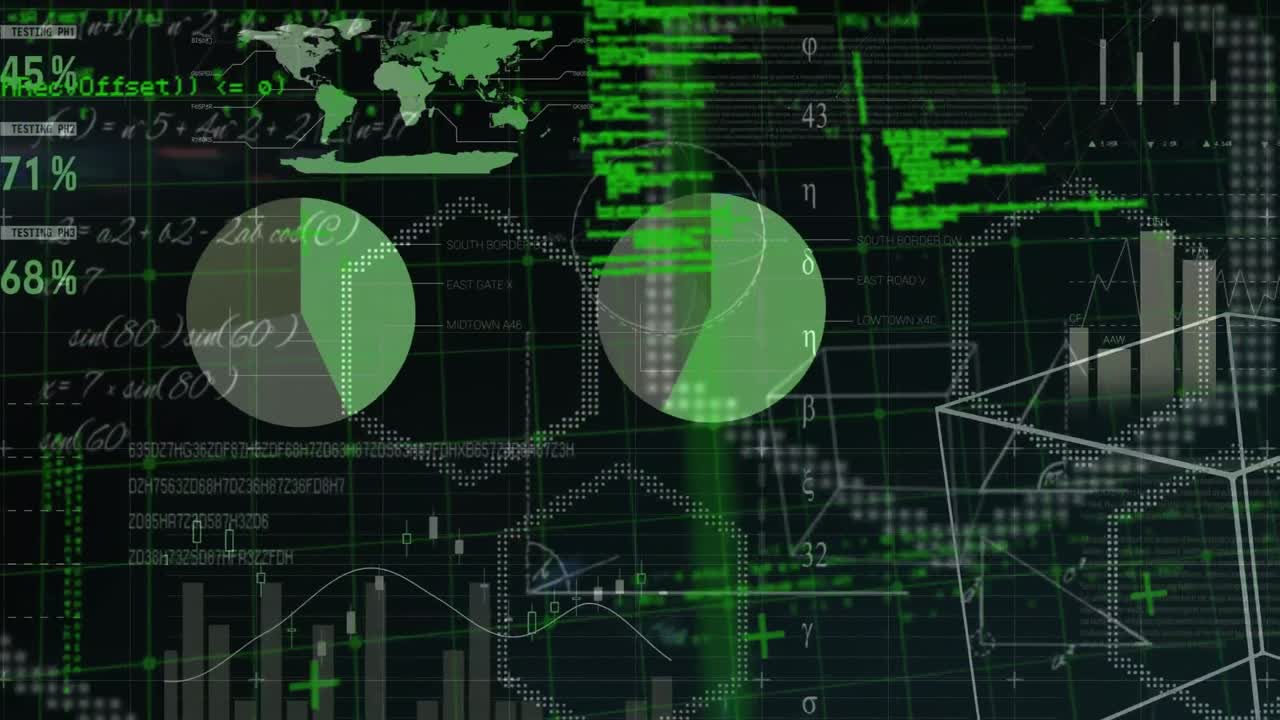animación del procesamiento de datos y diagramas sobre fondo negro