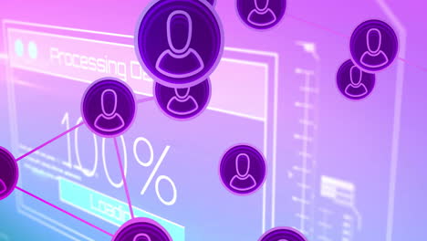 animation of network of connections with people icons over screen on pink background