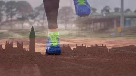 Animation-of-caucasian-male-runner-running-over-cityscape-of-london