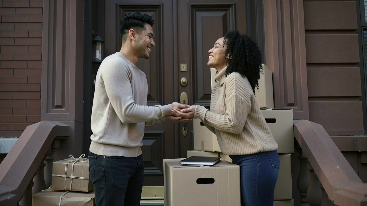 Handing keys, man left, woman right exchanging on stoop during move with stacked boxes in sweaters