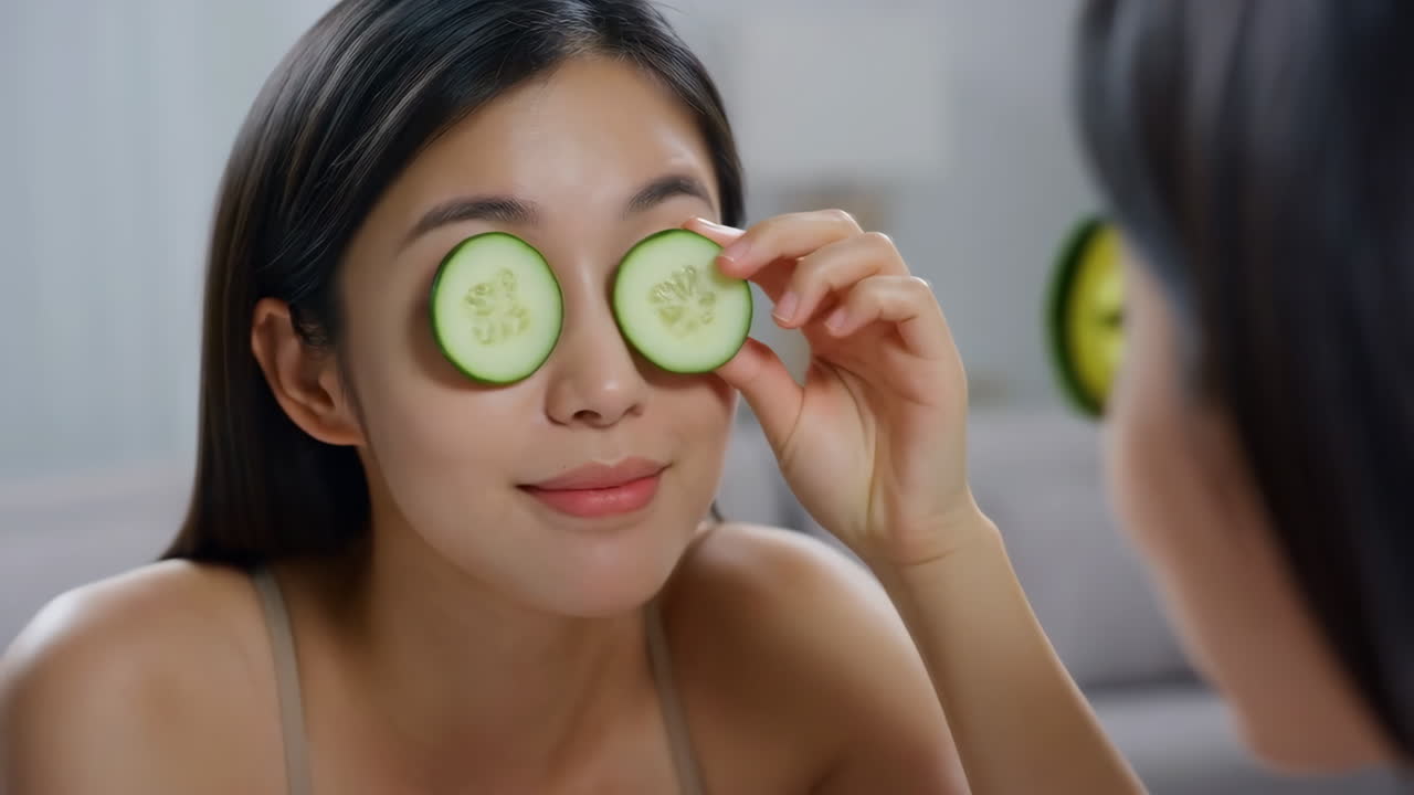Young woman applying cucumber slices to her eyes for skincare