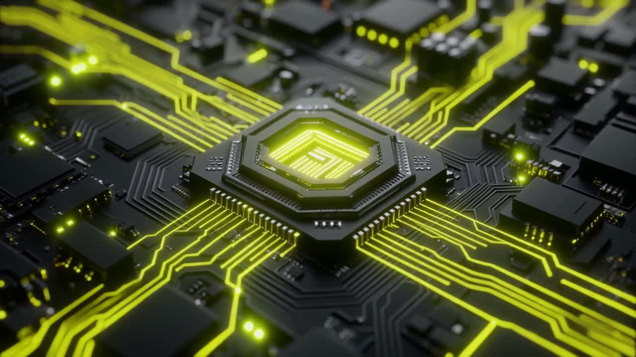 Glowing Microchip on a Circuit Board with Data Flow