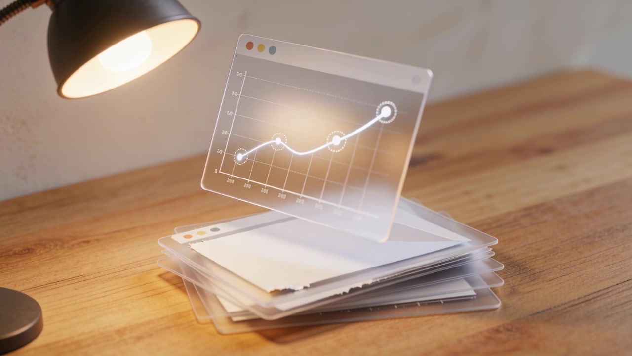 Startende animation, et svævende diagrampanel stiger op over en papirstak på et skrivebord oplyst af en lampe, der viser en top.