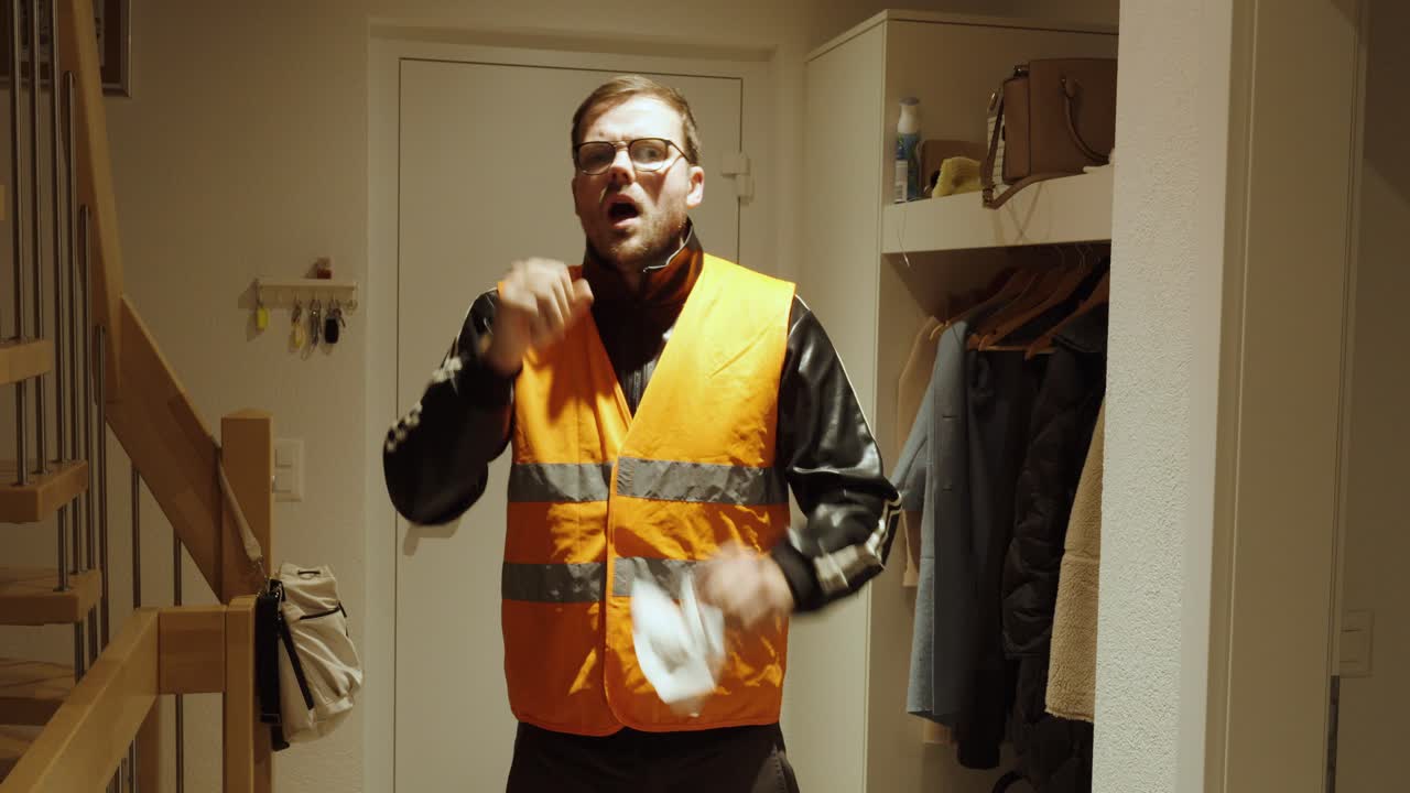 A man wearing work clothes and a reflective vest coughs and sneezes at home, showing flu symptoms. Concept of sickness, workplace health, and hygiene