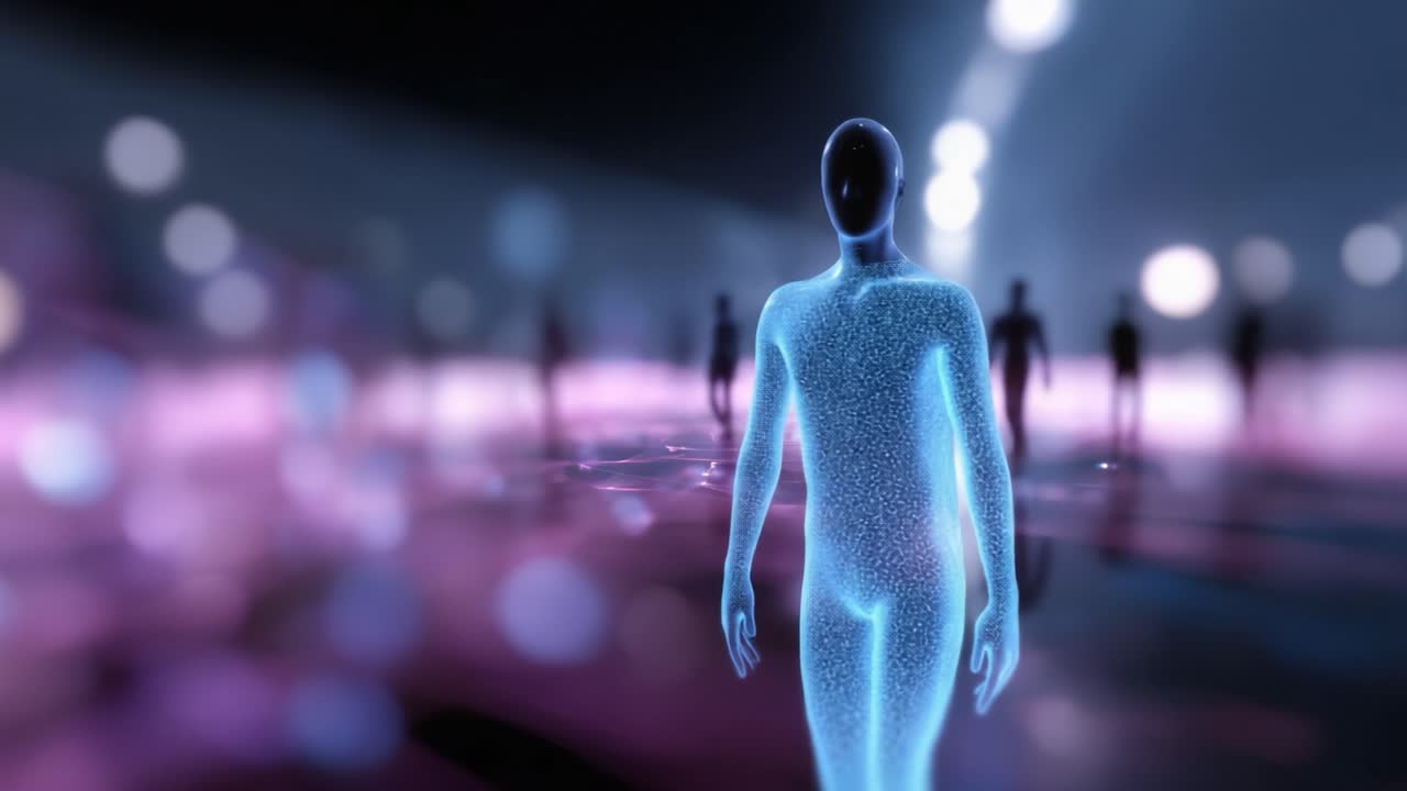 Una figura luminosa attraversa un percorso surreale e illuminato, circondata da forme eteree, fondendo tecnologia e arte in un'accattivante mostra di umanità digitale