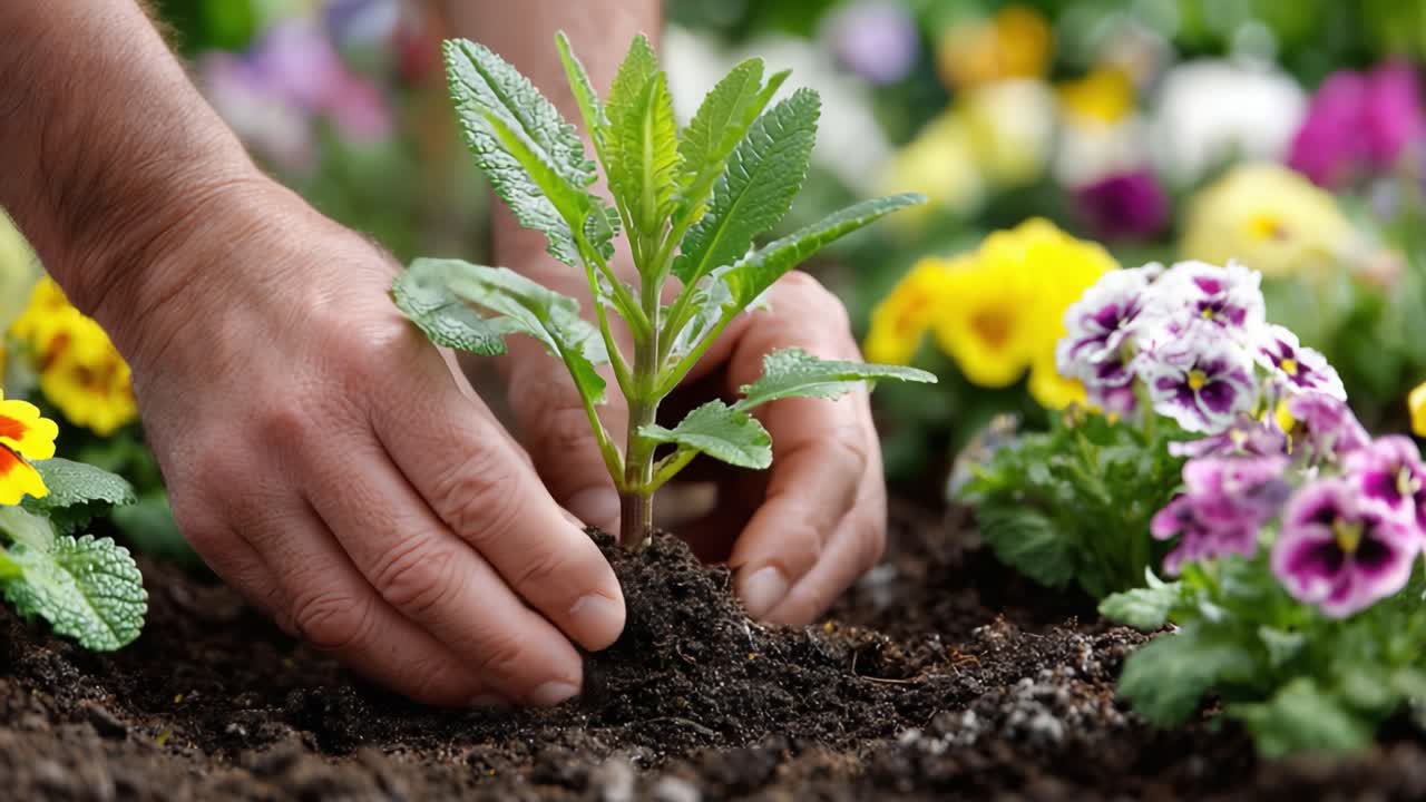 Cultivando un jardín vibrante: Un primer plano de manos plantando una nueva plántula rodeada de flores coloridas, capturando la esencia del crecimiento y el cuidado de la naturaleza.