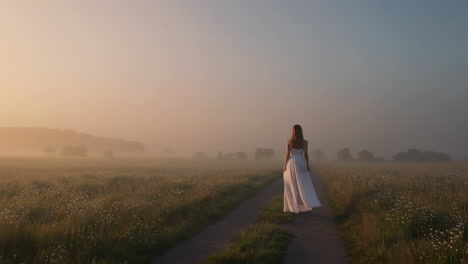woman walking in a field at sunrise