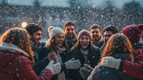 a joyous winter gathering: friends embrace the chill as they're surrounded by snowflakes, sharing laughter and warmth in a magical outdoor setting